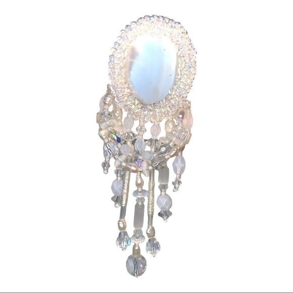 Vintage hand beaded mother of pearl crystal pearl chandelier bridal sash pin - Picture 8 of 17